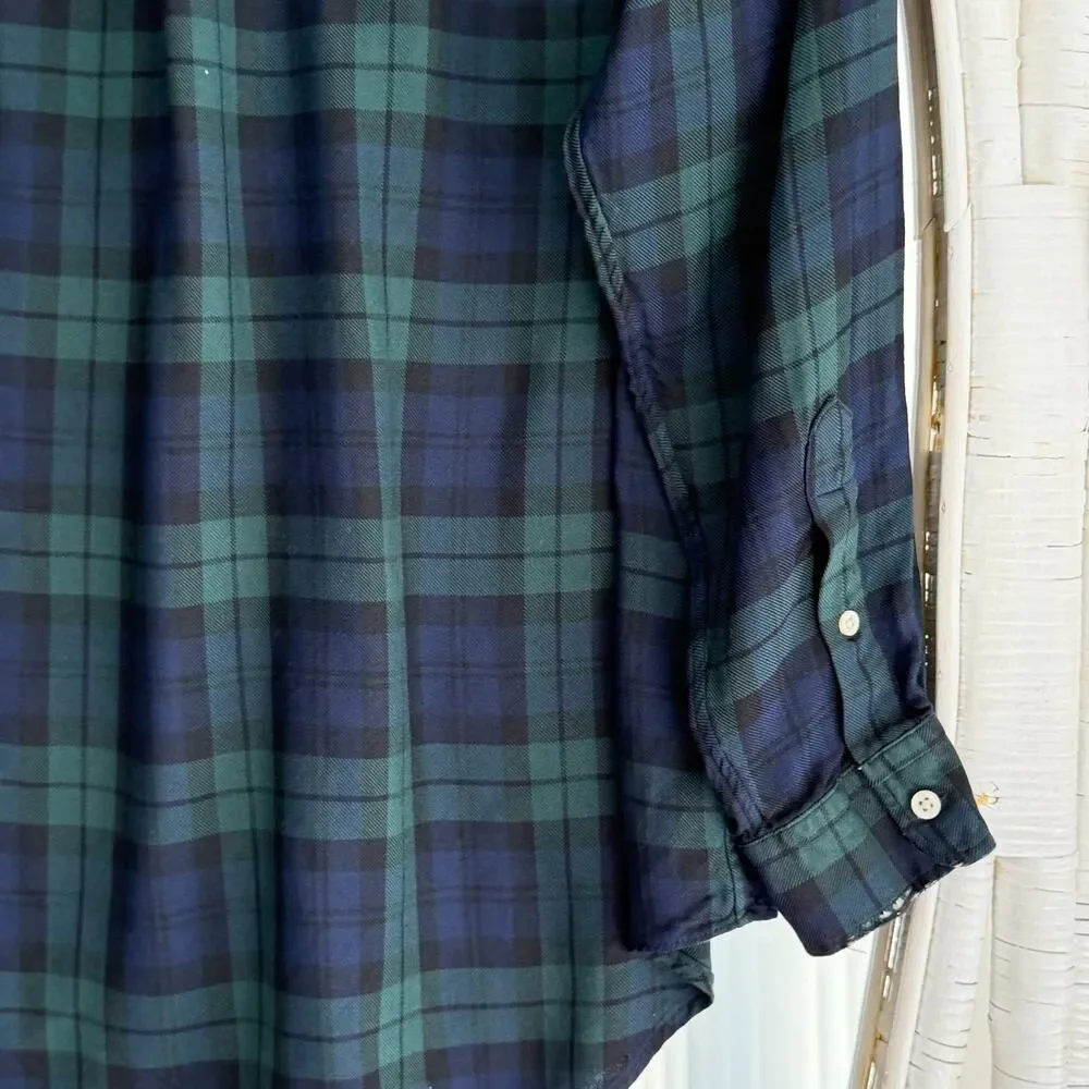 Ralph Lauren Shirt Mens Large Green Blue Tartan Blackwatch Silk Flannel USA Made